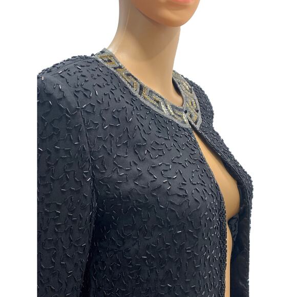 90s Y2K Black Heavily Beaded Silk Jacket Gold Silver Greek Key - Picture 3 of 10